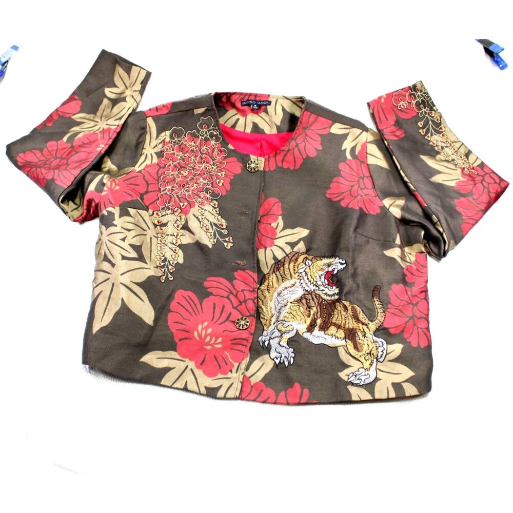 Indigo Moon Embroidered Tiger Floral Jacket 1X Brown & Red 100% Cotton Made In I